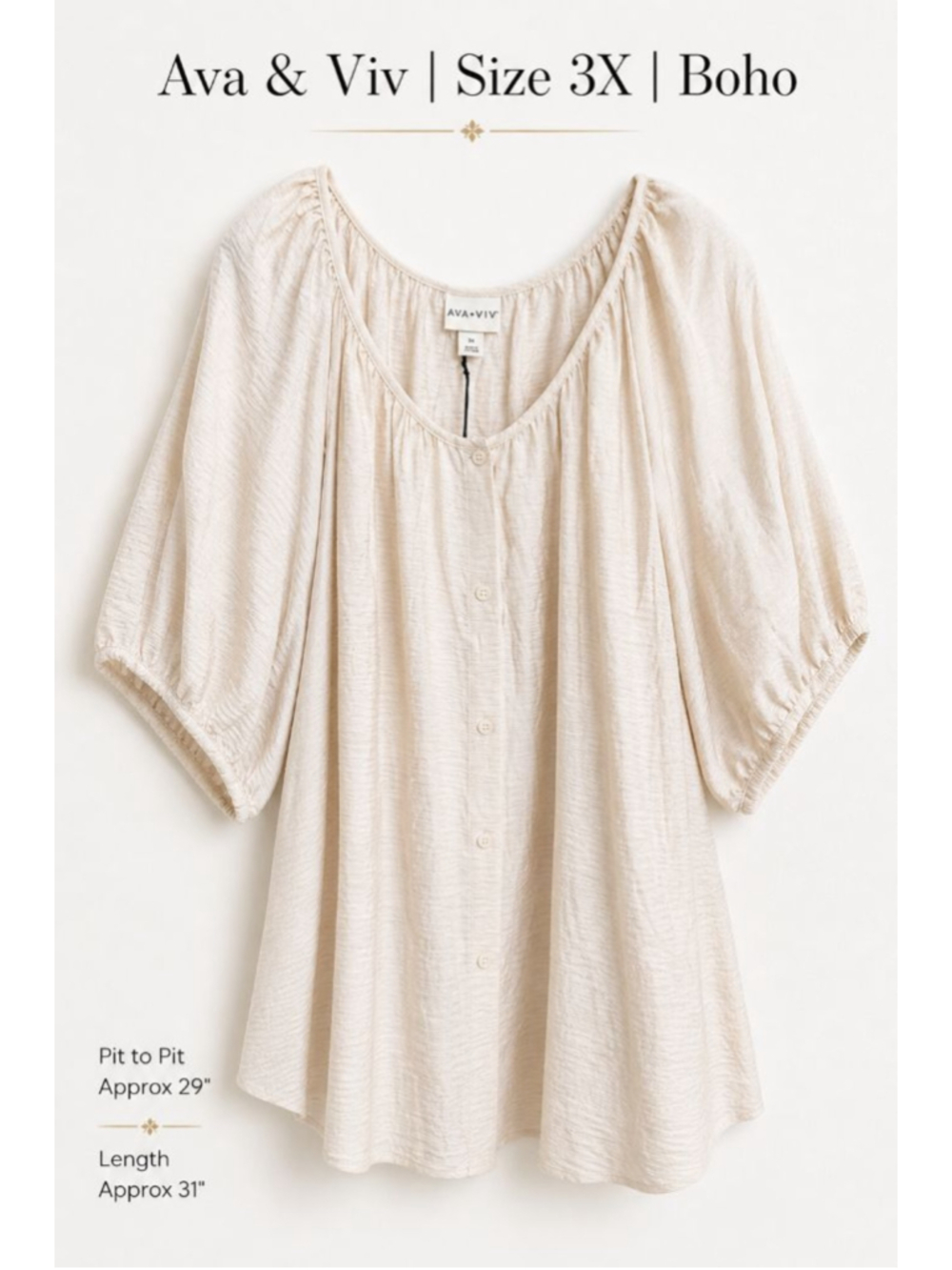 Ava & Viv 3X Cream Boho Blouse Plus Size Flowy Top Lightweight Rayon Tunic